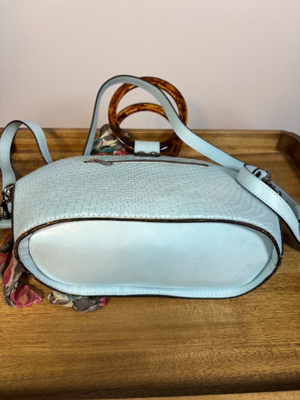 Patricia Nash Meldola Light Blue Leather Dome Satchel w/ Scarf - Picture 7 of 11